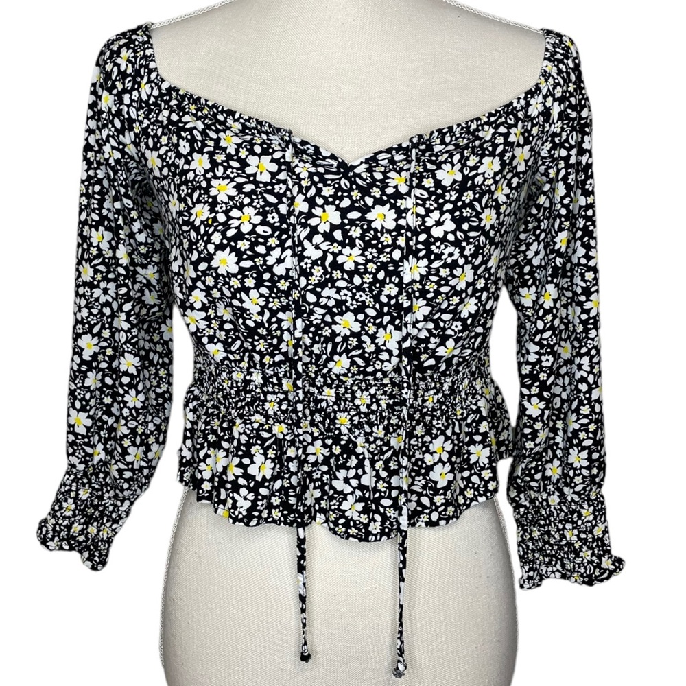 Jun & Ivy Tie Front Floral Print Smock Waist Blouse Size Small